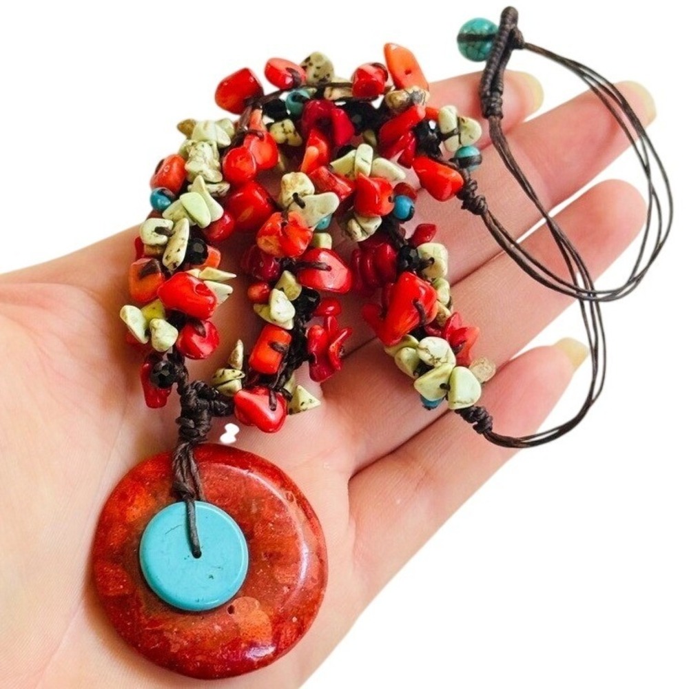 VTG Red Bamboo sponge Coral 1990s Necklace real turquoise Beads Collar BOHO 16"
